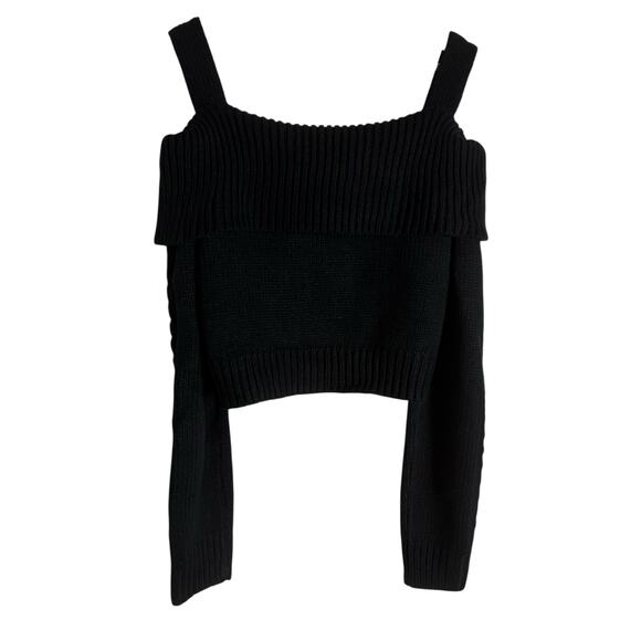 Moon River Black Cable Knit Collared Off Shoulder Cropped Sweater Size Large - Picture 9 of 11